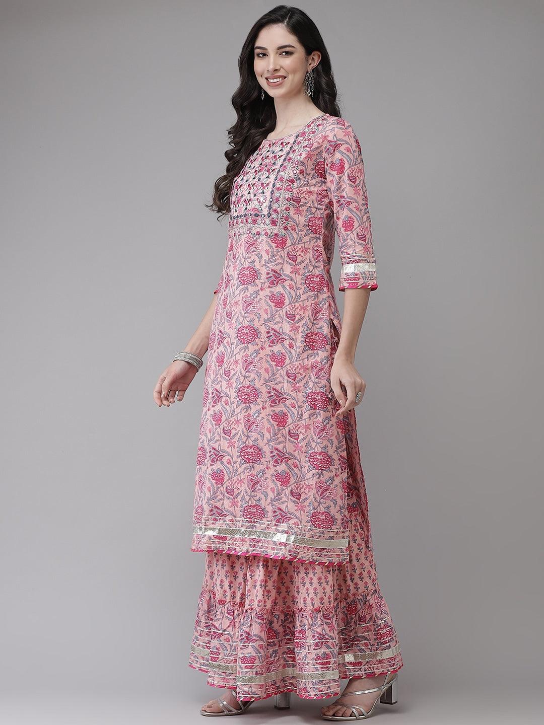 Women Pink Cotton Kurta with Sharara & Dupatta by Ishin (3pcs Set) - Indiakreations