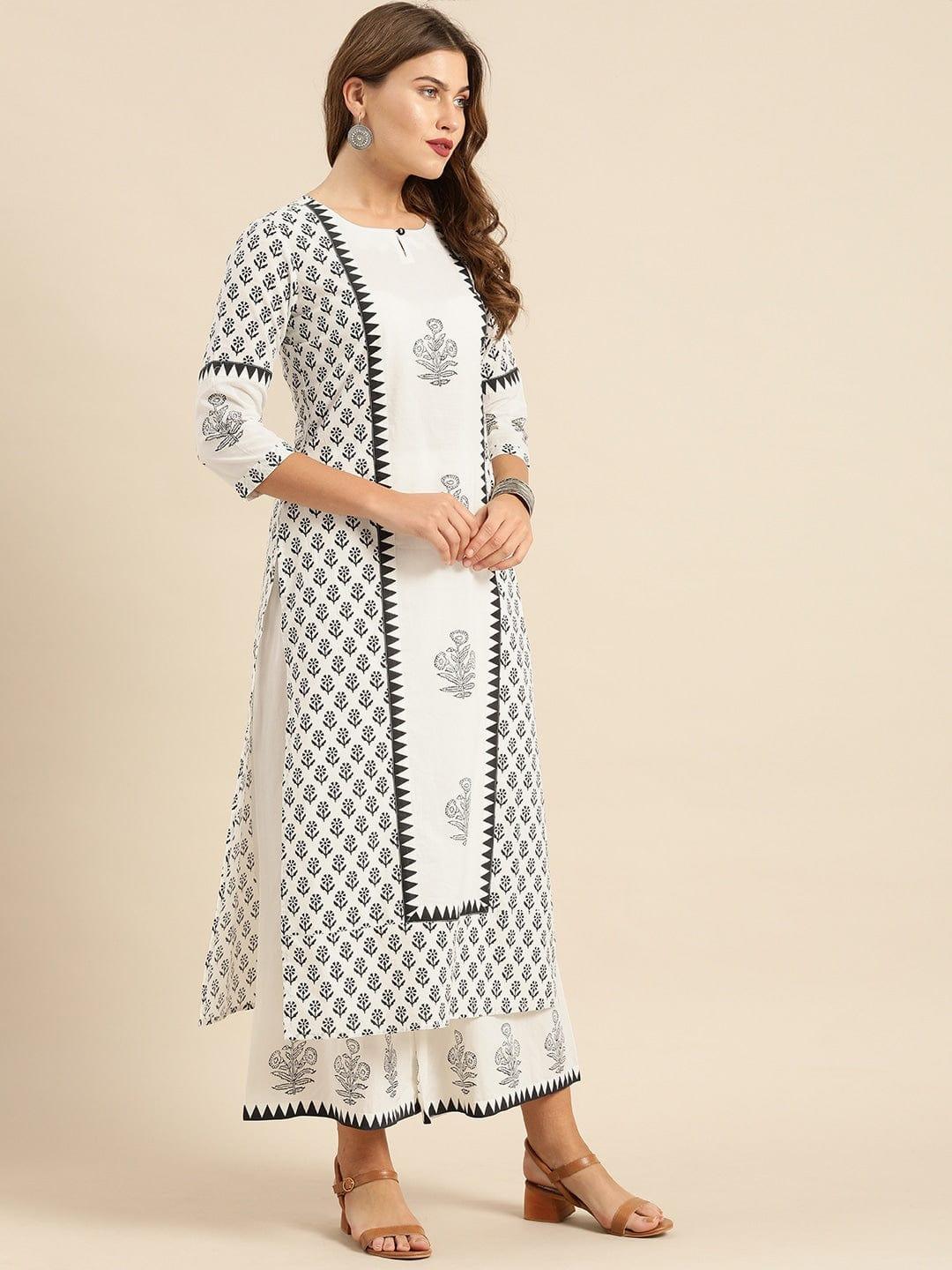 White & Black Printed Kurta with Palazzos - Indiakreations