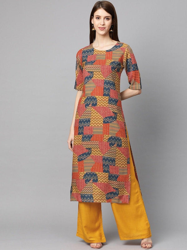 Women's Navy Blue & Mustard Yellow Chevron Printed Kurta with Palazzos - Meeranshi - Indiakreations