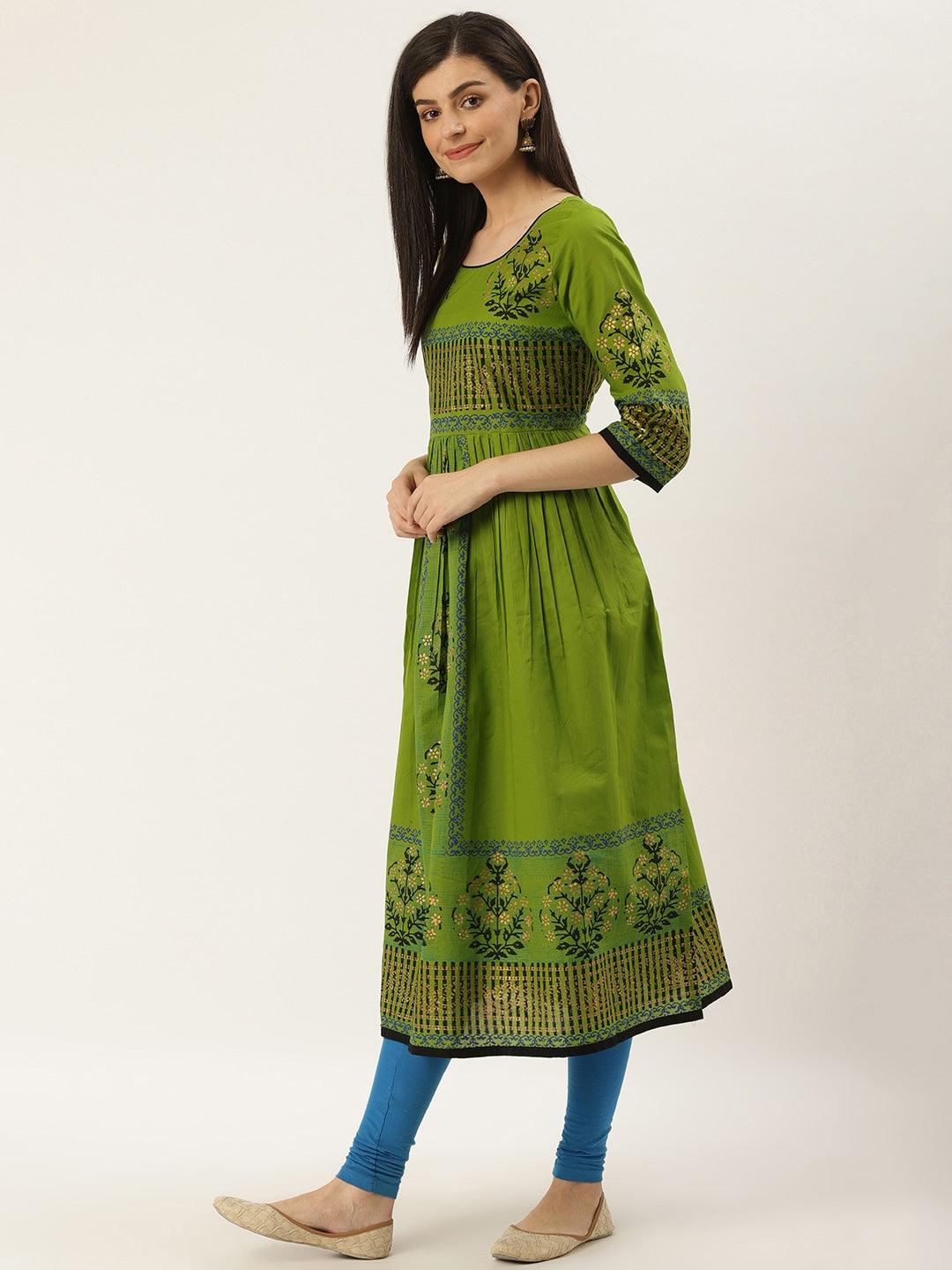 Women's Green & Black Block Print A-Line Kurta - Noz2Toz - Indiakreations