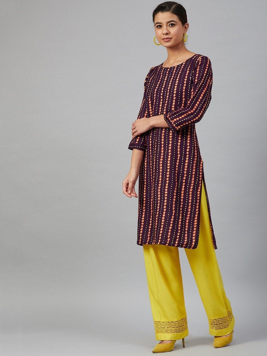 Women's Wine-Coloured & Mustard Yellow Striped Straight Kurta - Meeranshi - Indiakreations