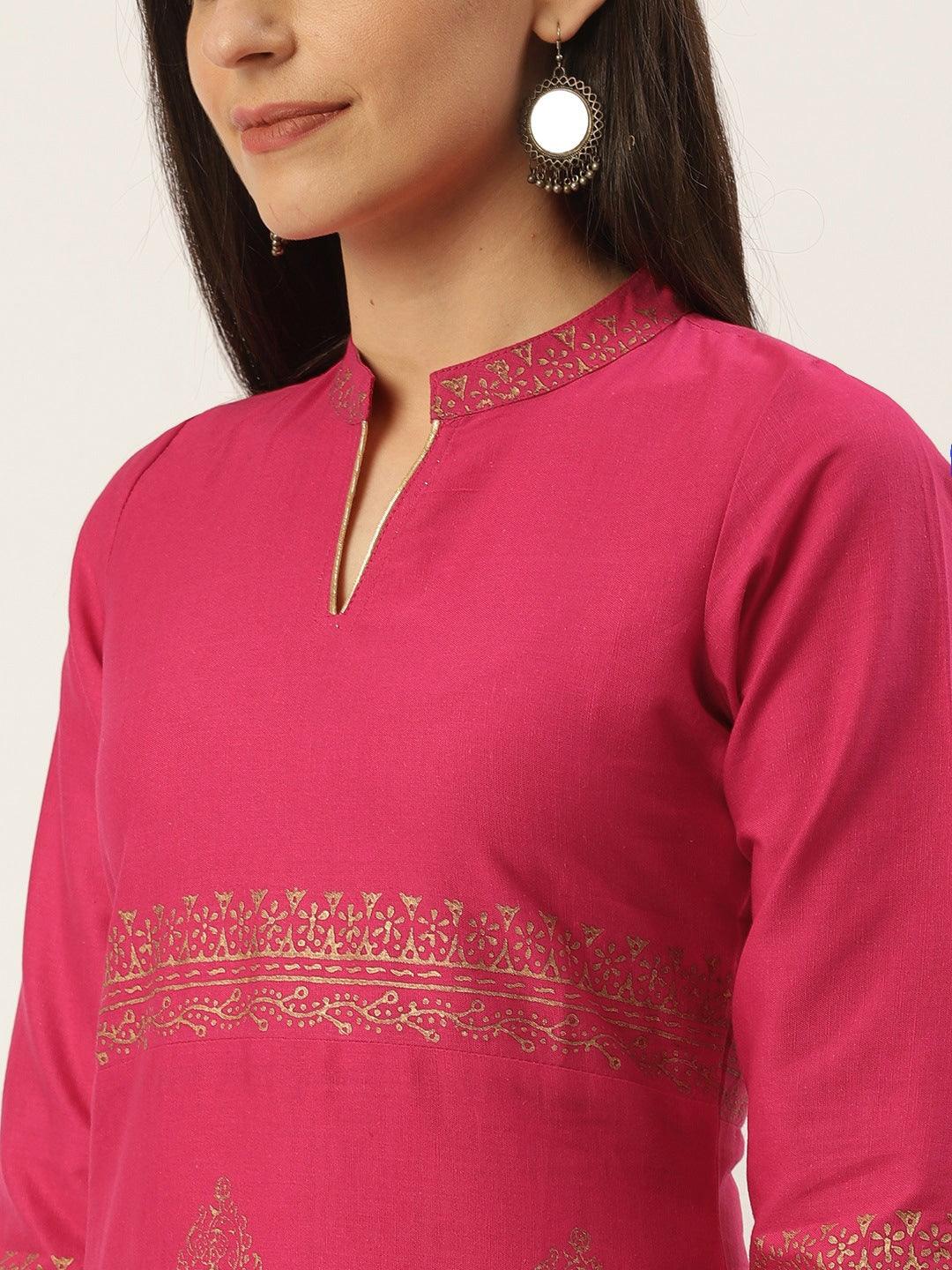 Women's Pink & Golden Printed A-Line Kurta - Noz2Toz - Indiakreations