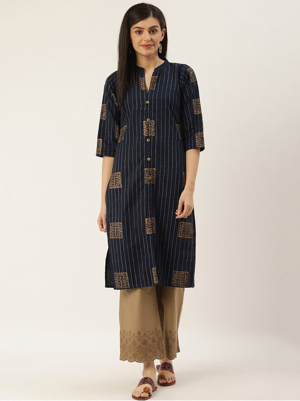 Women's Navy Blue & Golden Striped With Ethnic Printed Straight Kurta - Noz2Toz