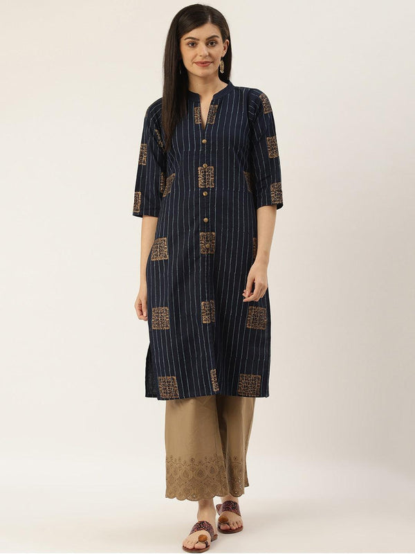 Women's Navy Blue & Golden Striped With Ethnic Printed Straight Kurta - Noz2Toz - Indiakreations