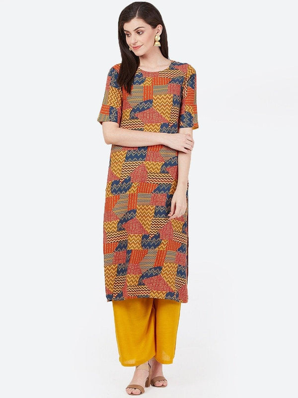 Women's Mustard & Blue Printed Straight Kurta - Meeranshi - Indiakreations