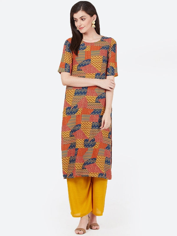 Women's Mustard & Blue Printed Straight Kurta - Meeranshi