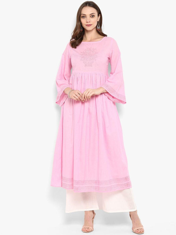 Women's Pink Solid A-Line Kurta - Meeranshi - Indiakreations