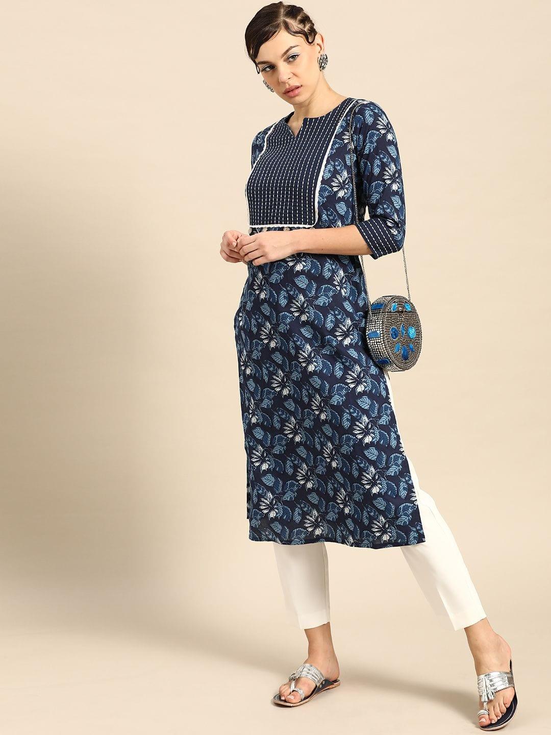 Blue & White Floral Printed Thread Work Pure Cotton Indigo Kurta - Indiakreations