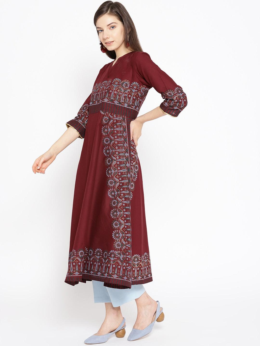 Women's Maroon & Grey Printed A-Line Kurta - Noz2Toz - Indiakreations