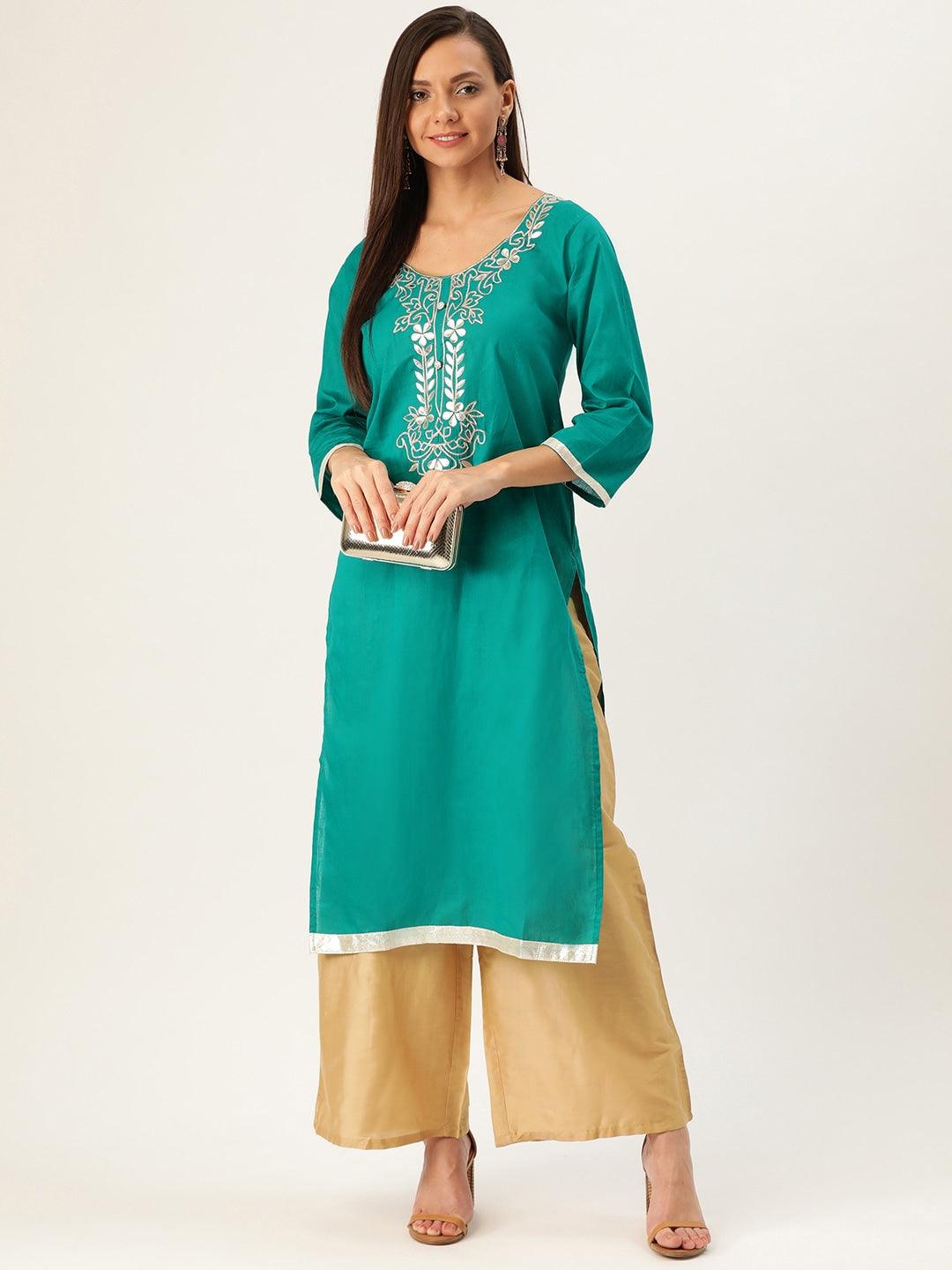 Women's Teal Green & Golden Yoke Design Straight Kurta - Wahe-Noor - Indiakreations