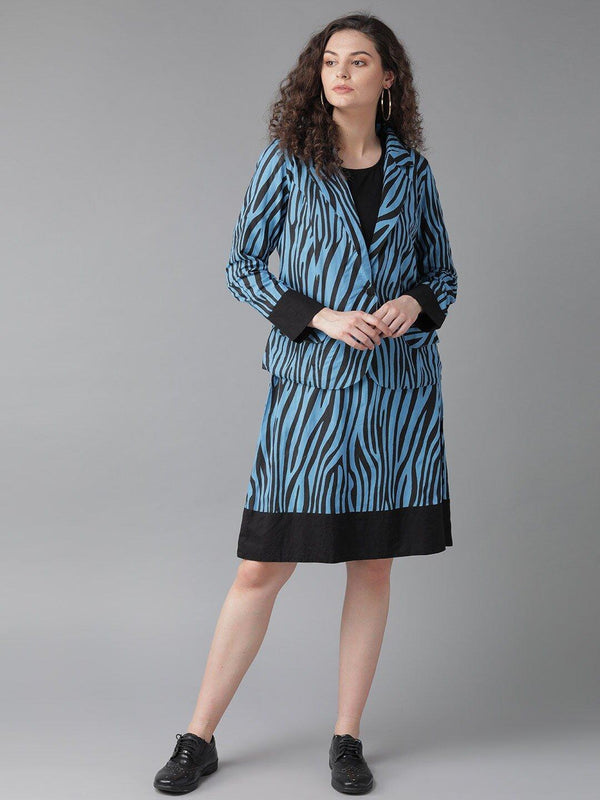 Women's Blue & Black Animal Printed A-Line Dress with Jacket - AKS - Indiakreations