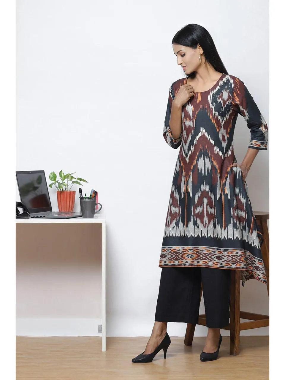 Women's Brown Flared Rayon Fusion Wear Dress - BIBA - Indiakreations