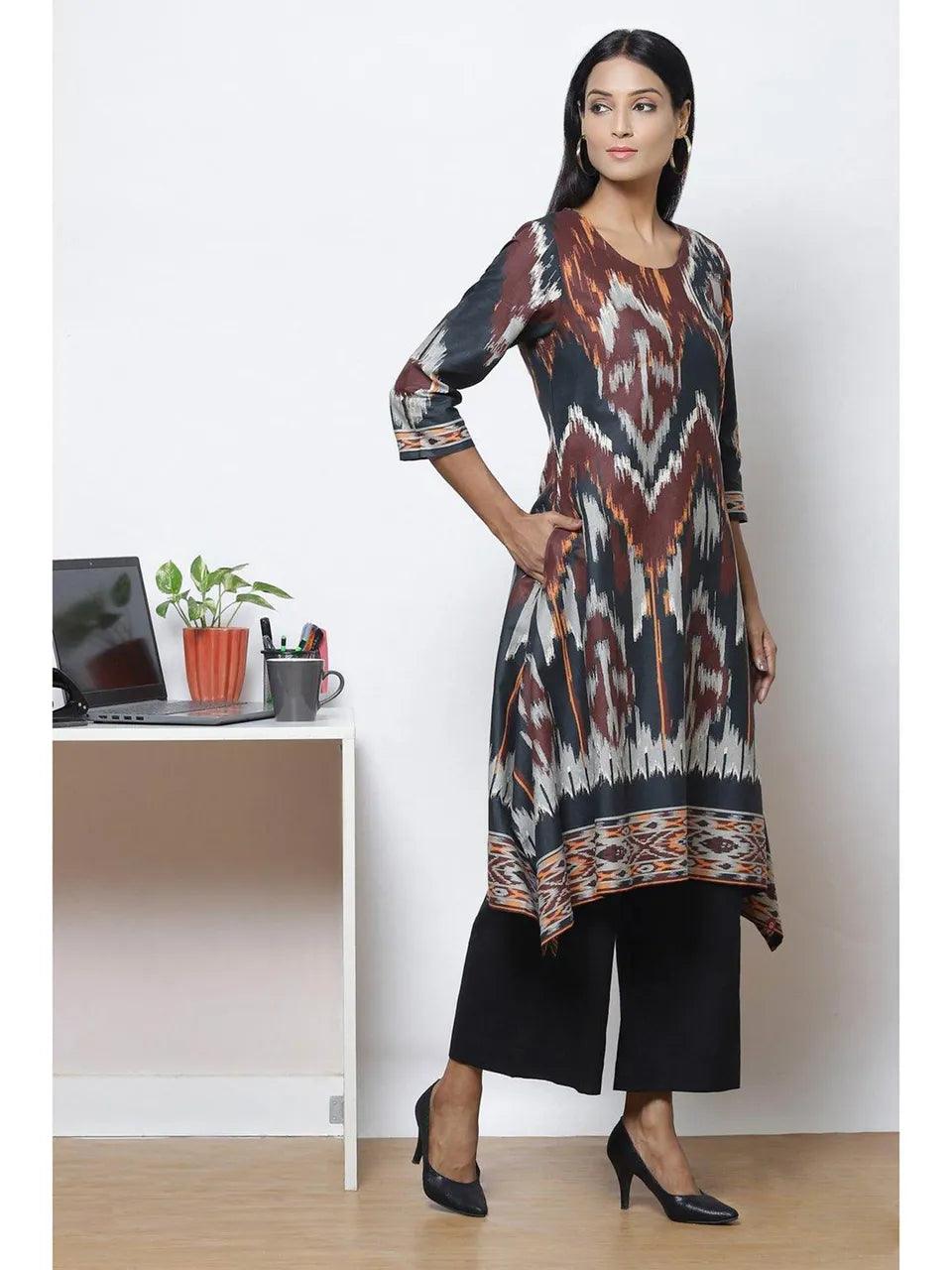 Women's Brown Flared Rayon Fusion Wear Dress - BIBA - Indiakreations