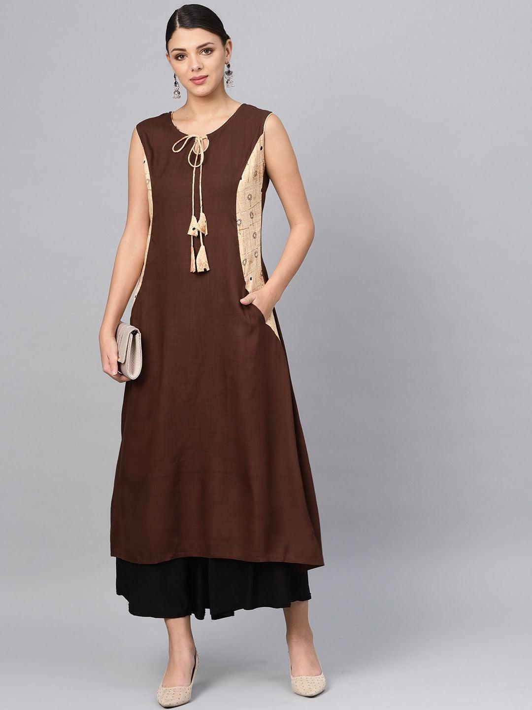 Women's Brown Solid A-Line Kurta - Meeranshi - Indiakreations