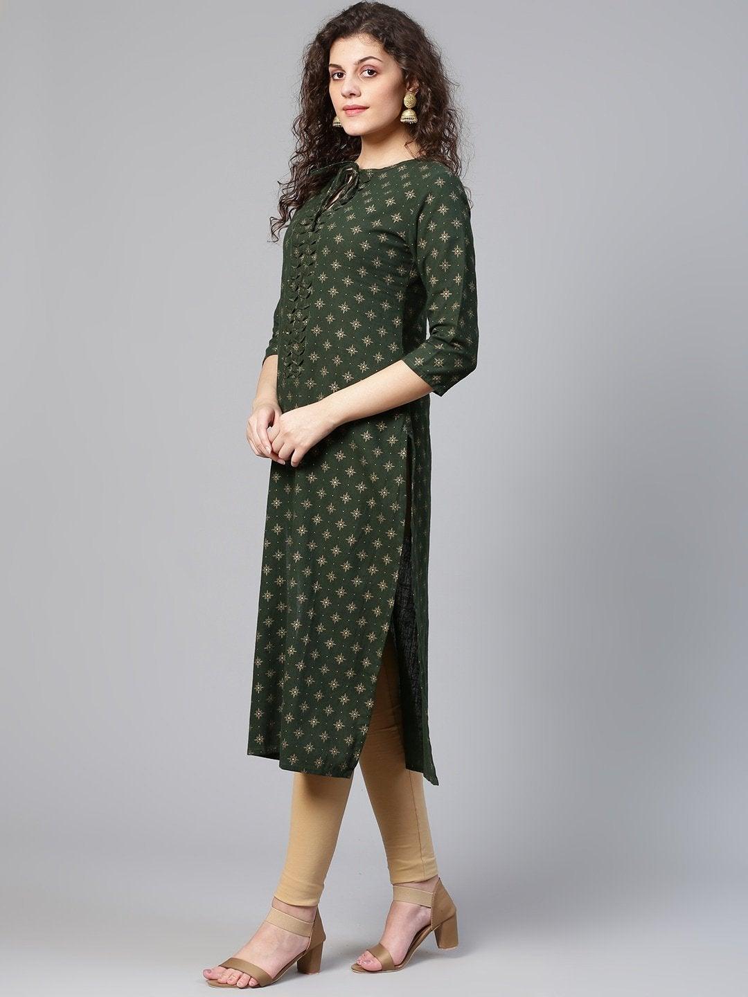 Women's Green & Golden Printed Straight Kurta - Meeranshi - Indiakreations