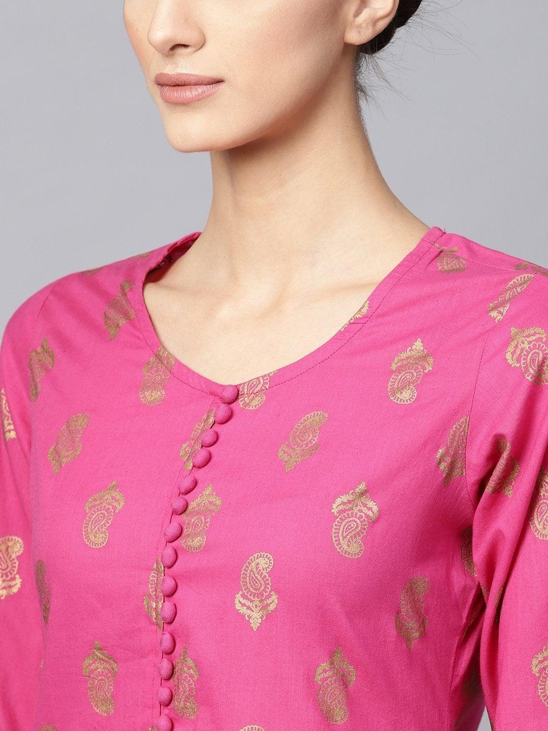 Women's Pink & Golden Printed Kurta with Trousers - Meeranshi - Indiakreations