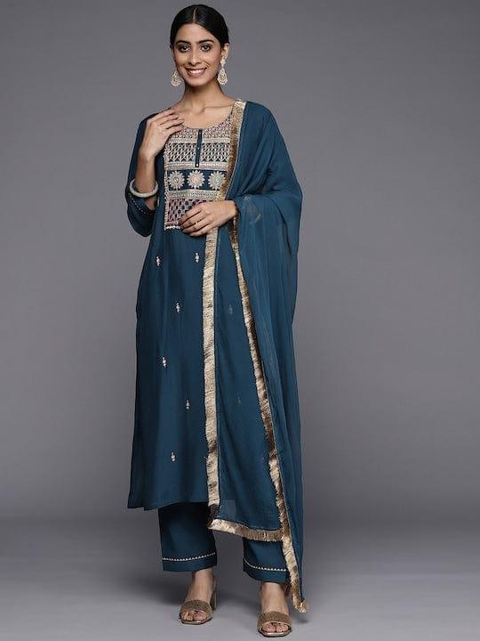 Varanga Women Teal Ethnic Motifs Embroidered Kurta with Trousers & With Dupatta - Indiakreations