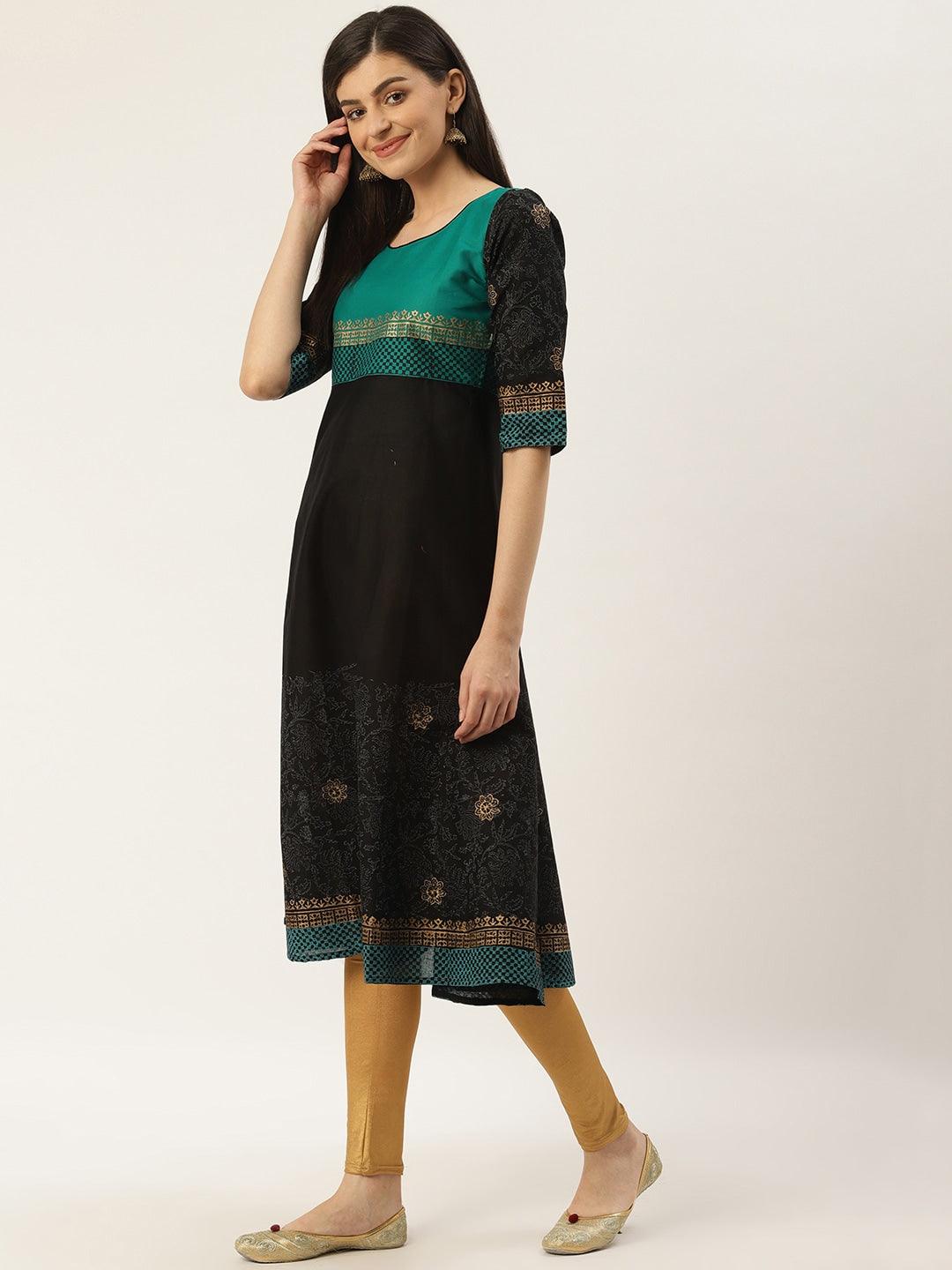 Women's Black & Green Block Print A-Line Kurta - Wahe-Noor - Indiakreations