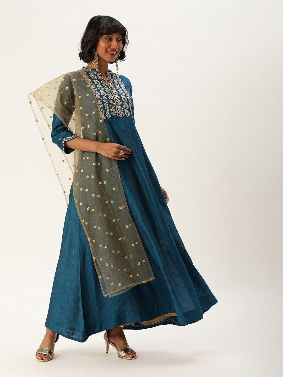 Teal Blue Embroidered A-Line Kurta - Indiakreations