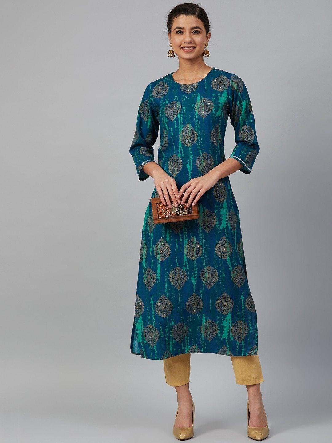 Women's Navy Blue & Green Printed Straight Kurta - Meeranshi - Indiakreations