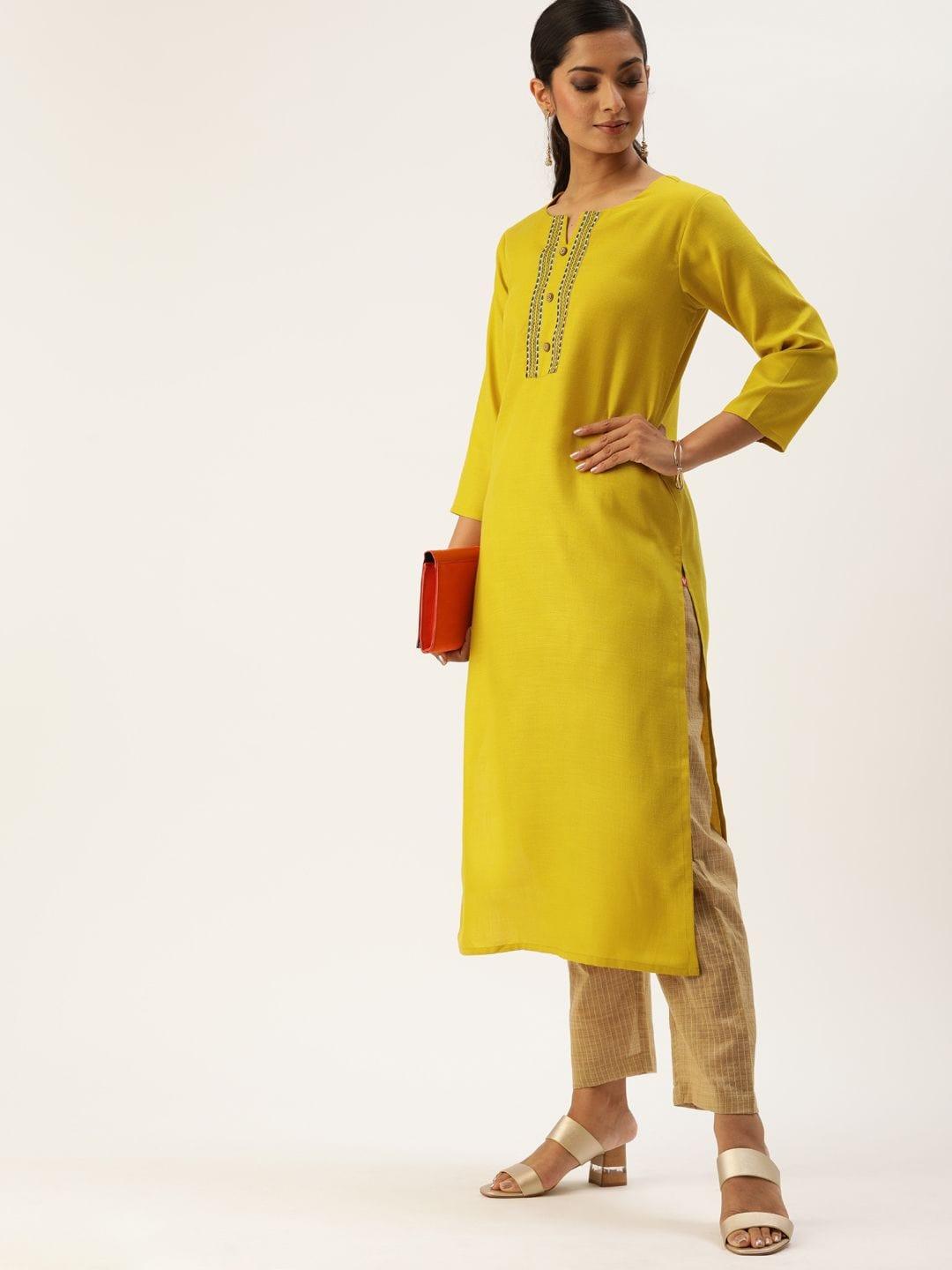 Women Mustard Yellow Solid Straight Kurta With Thread Work - Indiakreations