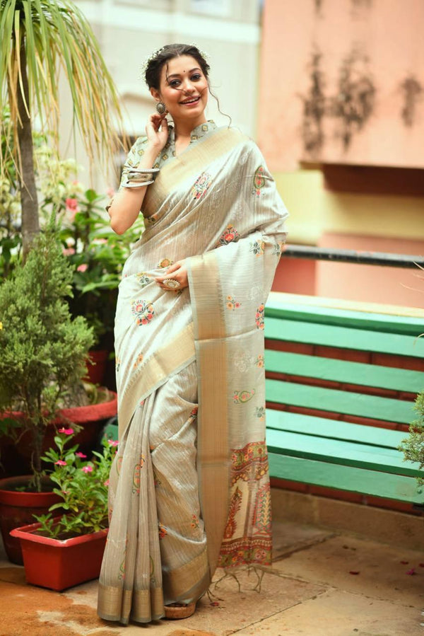 Cloud Grey Floral Tusser Silk Saree - Indiakreations