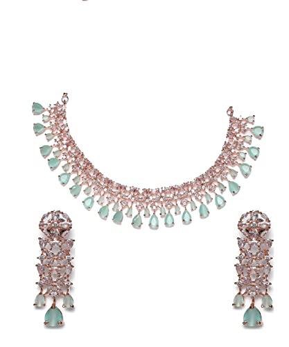 Women's Mint Green American Diamond Rose Gold Plated Jewellery Set - Jazz And Sizzle - Indiakreations