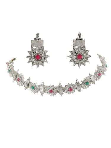 Women's Silver-Plated Green & Red Stone-Studded Ruby Emerald Handcrafted Jewellery Set - Jazz and Sizzle - Indiakreations