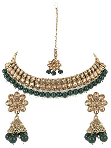 Women's Green Kundan Stones Gold Plated Chokers Set with MaangTikka - Jazz and Sizzle - Indiakreations