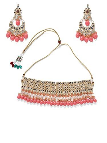 Women's White Silver Plated Pink Beaded Chokers Set - Jazz and Sizzle - Indiakreations