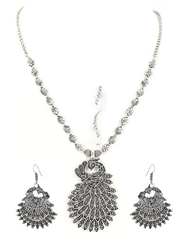 Women's German Silver Oxidised Peacock Jewellery set with Earrings - Jazz and Sizzle