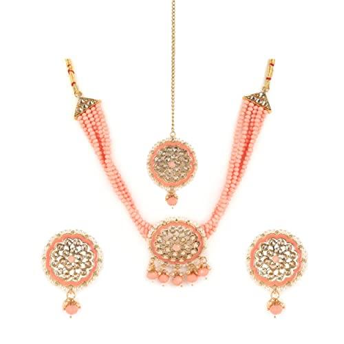 Women's Peach Beads Kundan Gold Plated Traditional Chokers Set with Maangtika - Jazz and Sizzle - Indiakreations