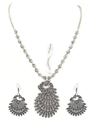 Women's German Silver Oxidised Peacock Jewellery set with Earrings - Jazz and Sizzle - Indiakreations