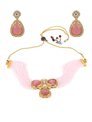 Women's Pink White Kundan Gold Plated Chokers Set - Jazz and Sizzle