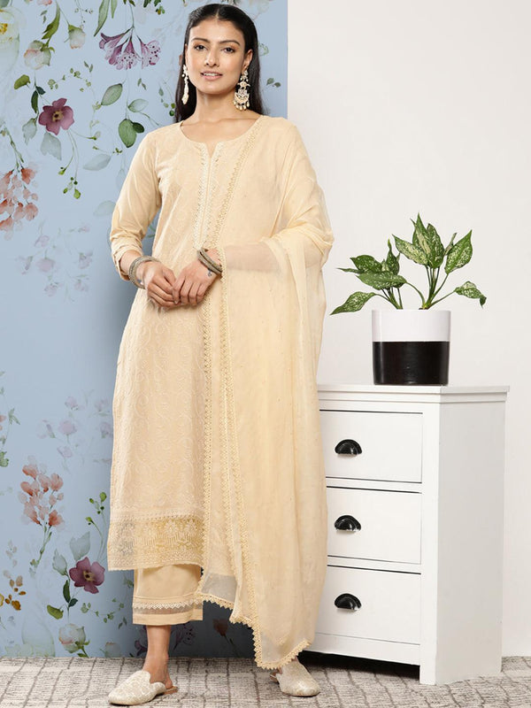 Cream Embroidered Cotton Straight Kurta With Trousers & Dupatta