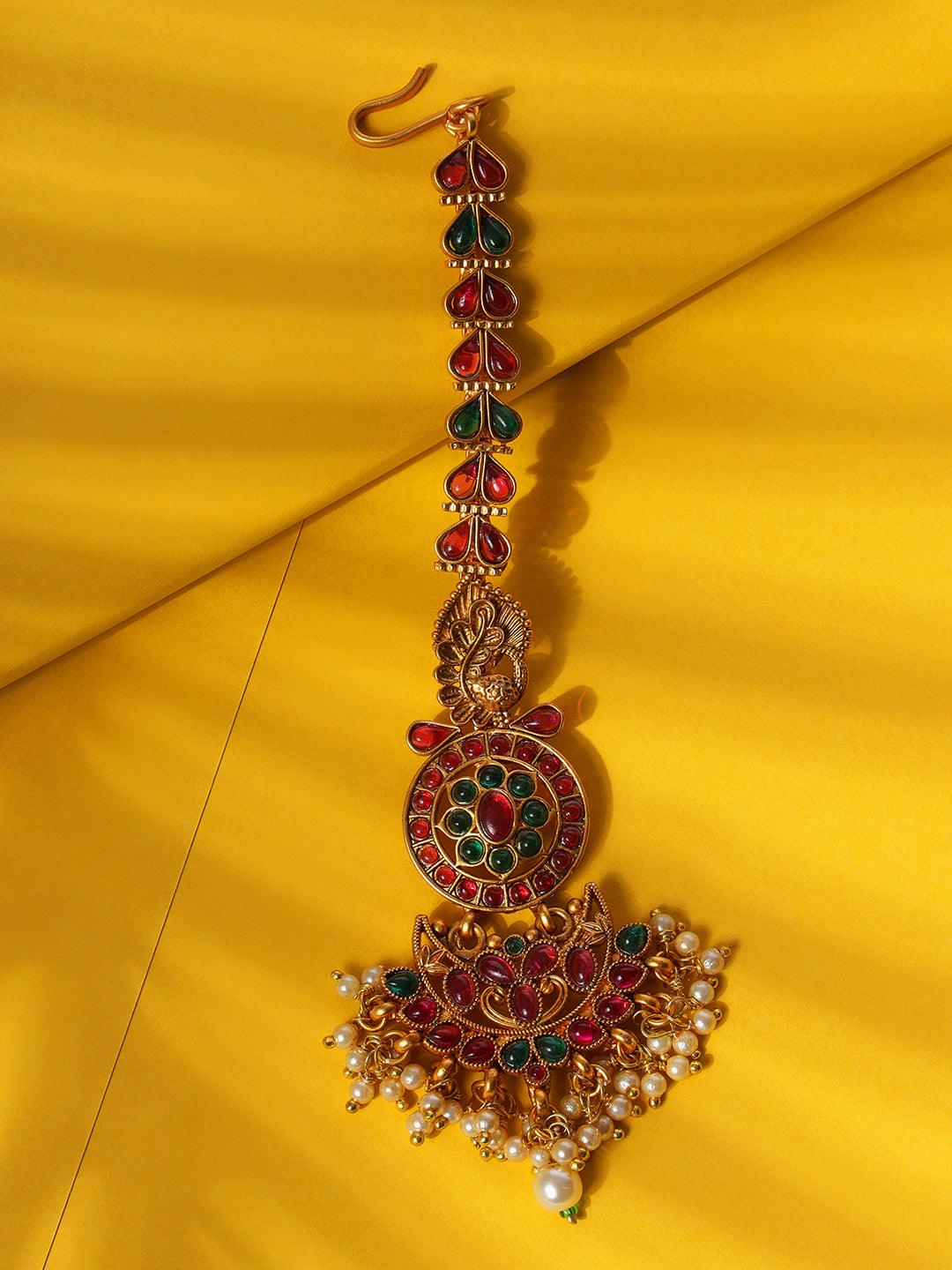 Women's Gold Plated Red & Green Kemp Studded & Pearl Beaded Peacock Maangtikka - Jazz and Sizzle - Indiakreations