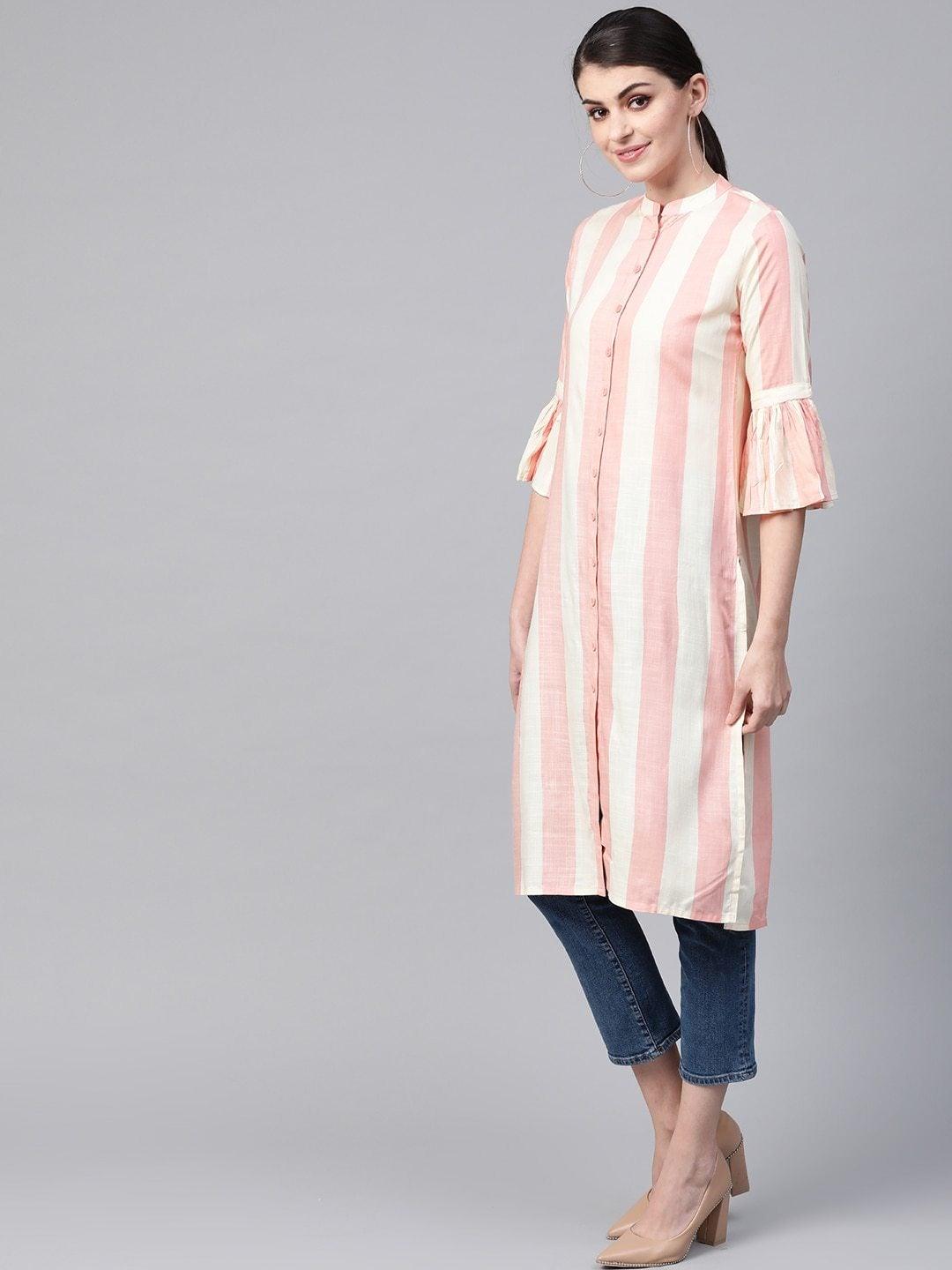 Women's Cream-Coloured & Pink Striped Straight Kurta - Meeranshi - Indiakreations