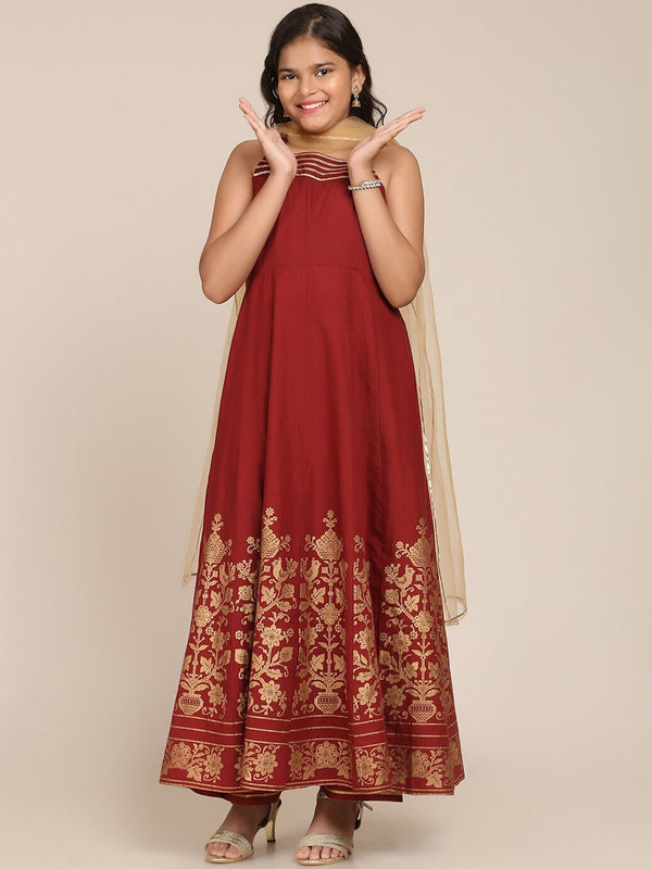 Girl's Maroon Floral Printed Kurta with Palazzos & With Dupatta - NOZ2TOZ KIDS