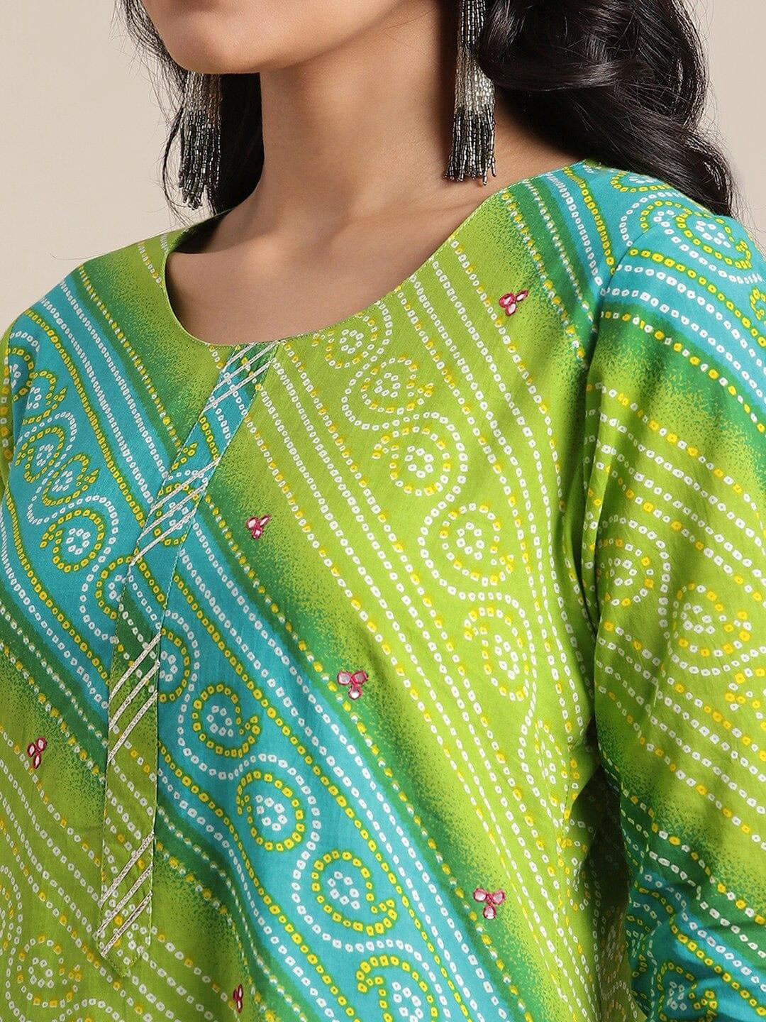 Lime Green Bandhani Printed Gotta Patti Kurta - Indiakreations