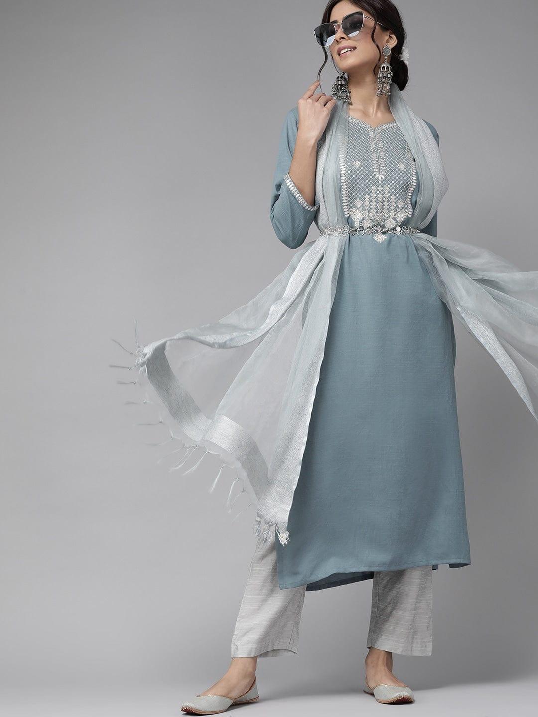 Blue & Grey Ethnic Motifs Yoke Design Kurta with Trousers & Dupatta - Indiakreations