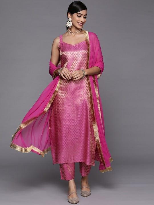 Varanga Women Fuchsia Kurta with Trousers & With Dupatta - Indiakreations