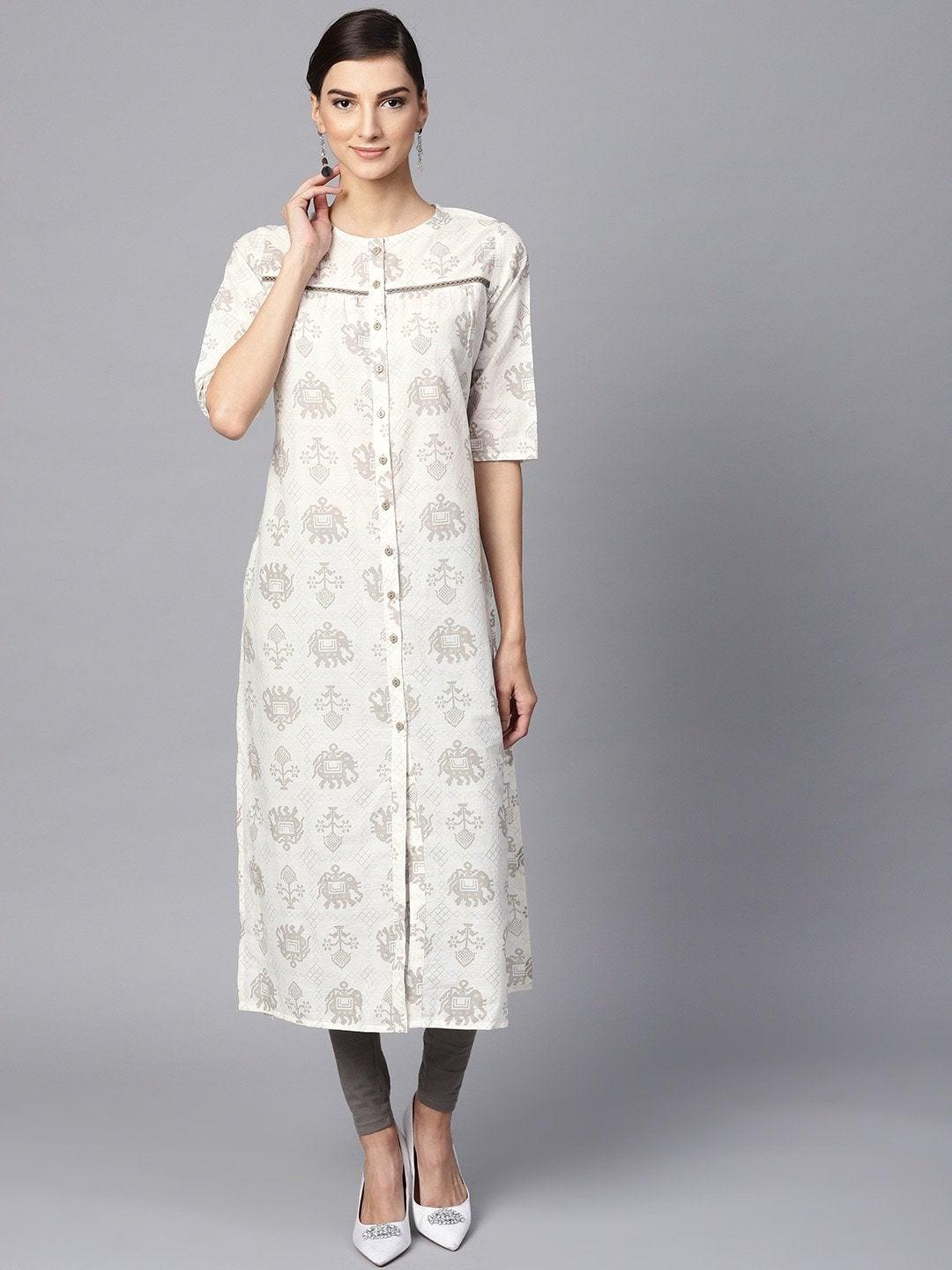 Women's Off-White & Grey Printed Straight Kurta - Meeranshi - Indiakreations