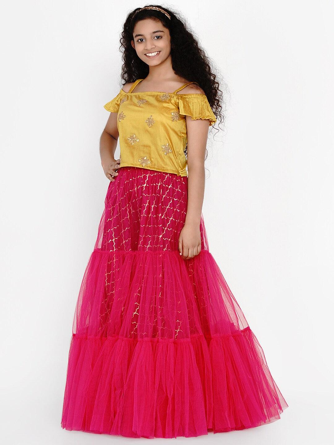 Girl's Mustard & Fuchsia Embroidered Ready to Wear Lehenga Choli - NOZ2TOZ KIDS - Indiakreations