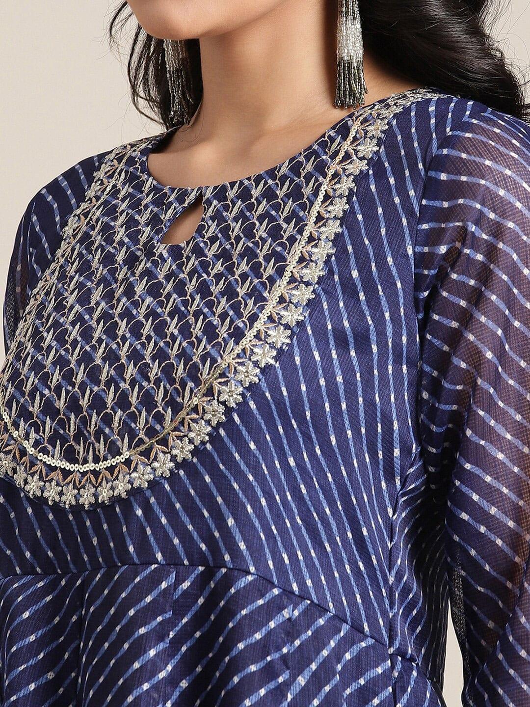 Blue & White Striped Keyhole Neck Thread Work Anarkali Kurta - Indiakreations