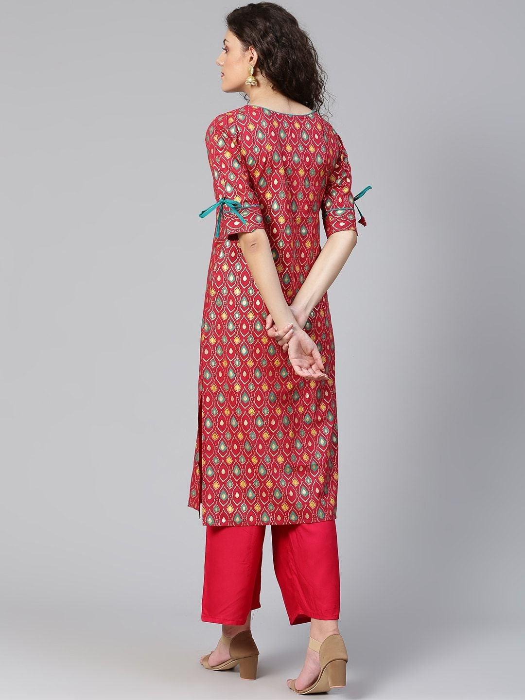 Women's Red & Green Printed Straight Kurta - Meeranshi - Indiakreations