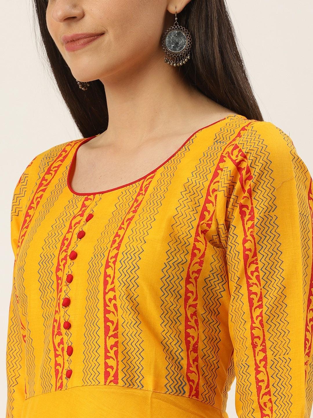 Women's Yellow & Navy Blue Hand Block Printed A-Line Kurta - Wahe-Noor - Indiakreations