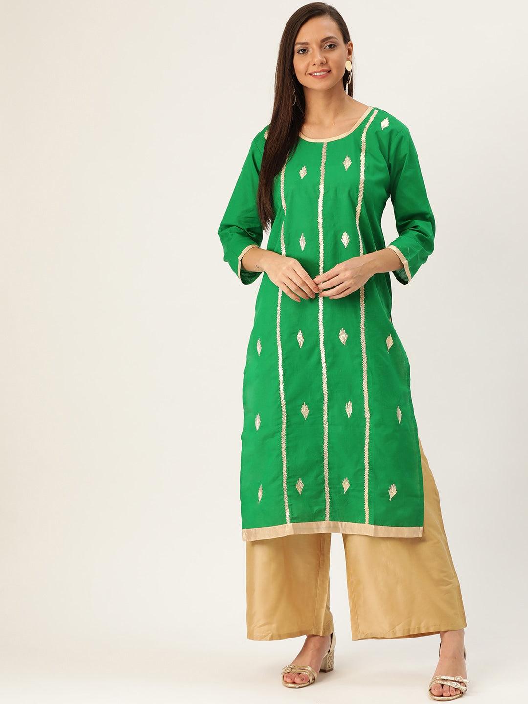 Women's Green & Golden Embroidered Straight Kurta - Noz2Toz - Indiakreations