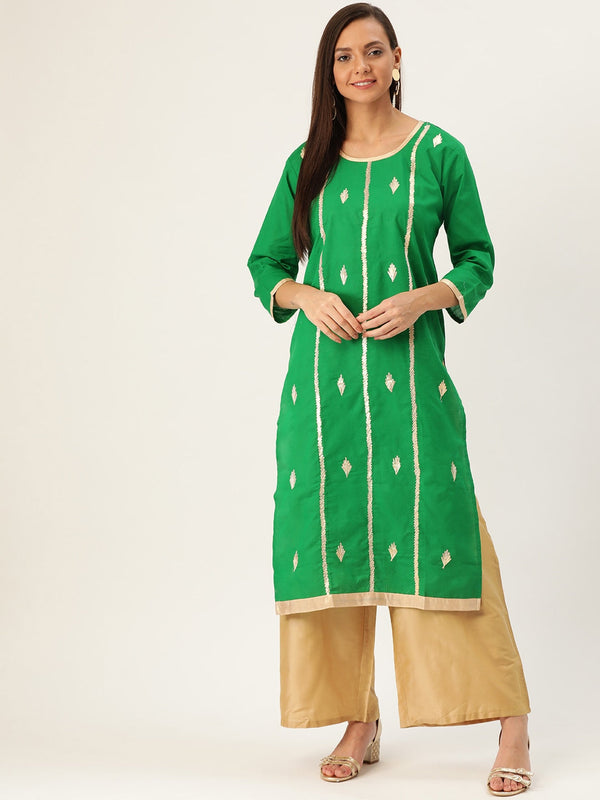 Women's Green & Golden Embroidered Straight Kurta - Noz2Toz