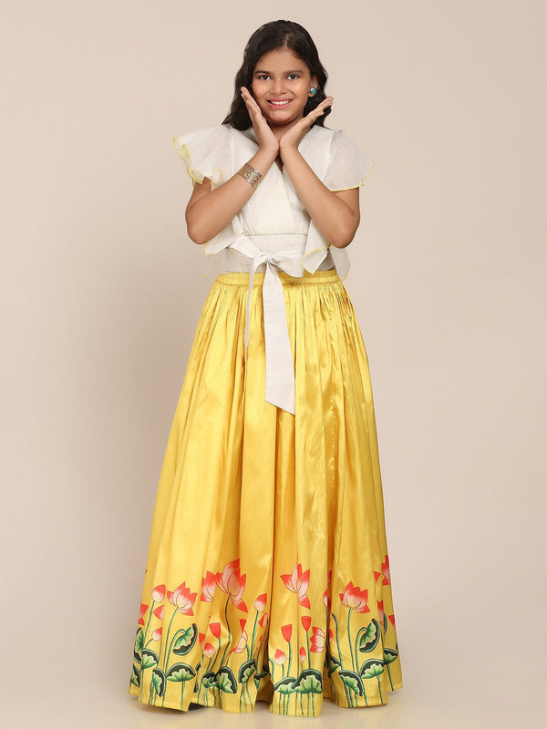 Girl's Off White & Yellow Ready to Wear Lehenga - NOZ2TOZ KIDS