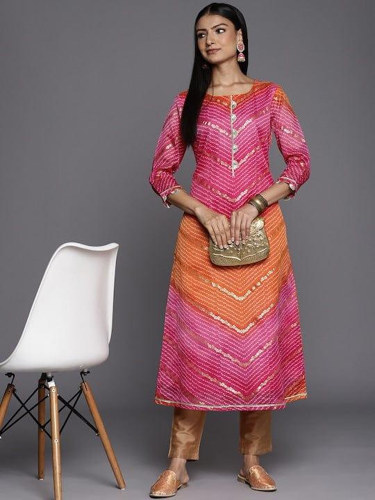 Varanga Women Pink & Orange Bandhani Printed Chanderi Silk Kurta - Indiakreations